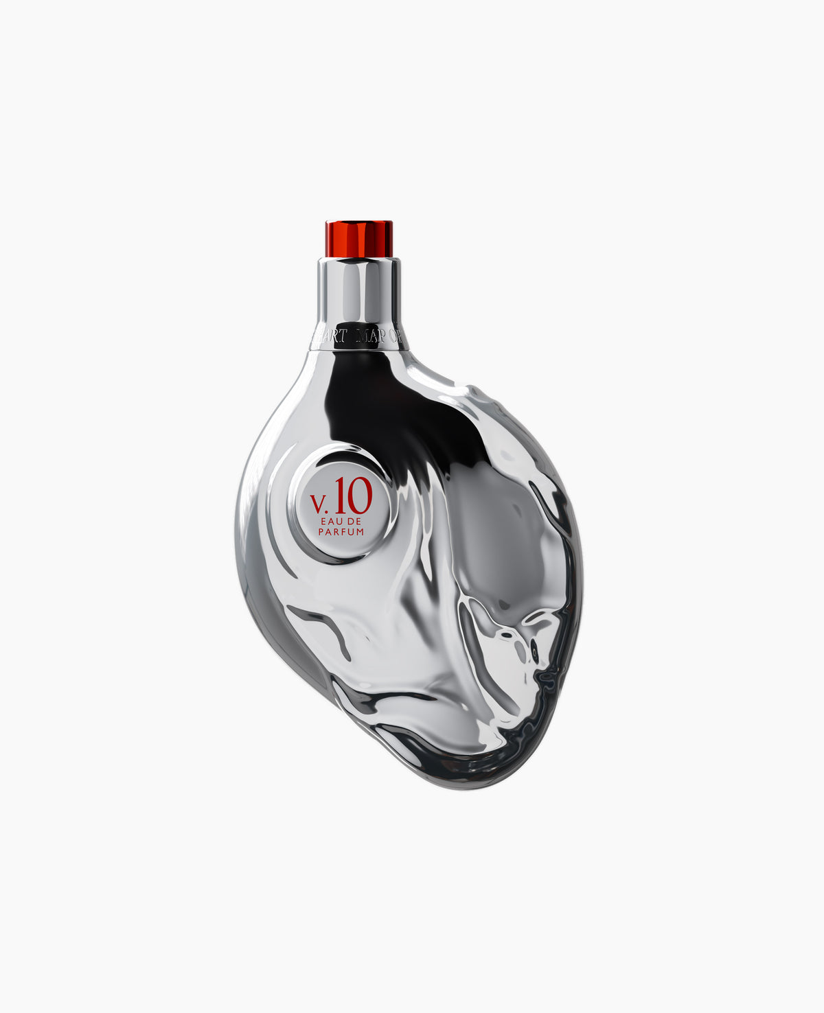 Map of the Heart V.10 Frisson eau de parfum in a silver heart-shaped bottle with red cap 90ml on white background