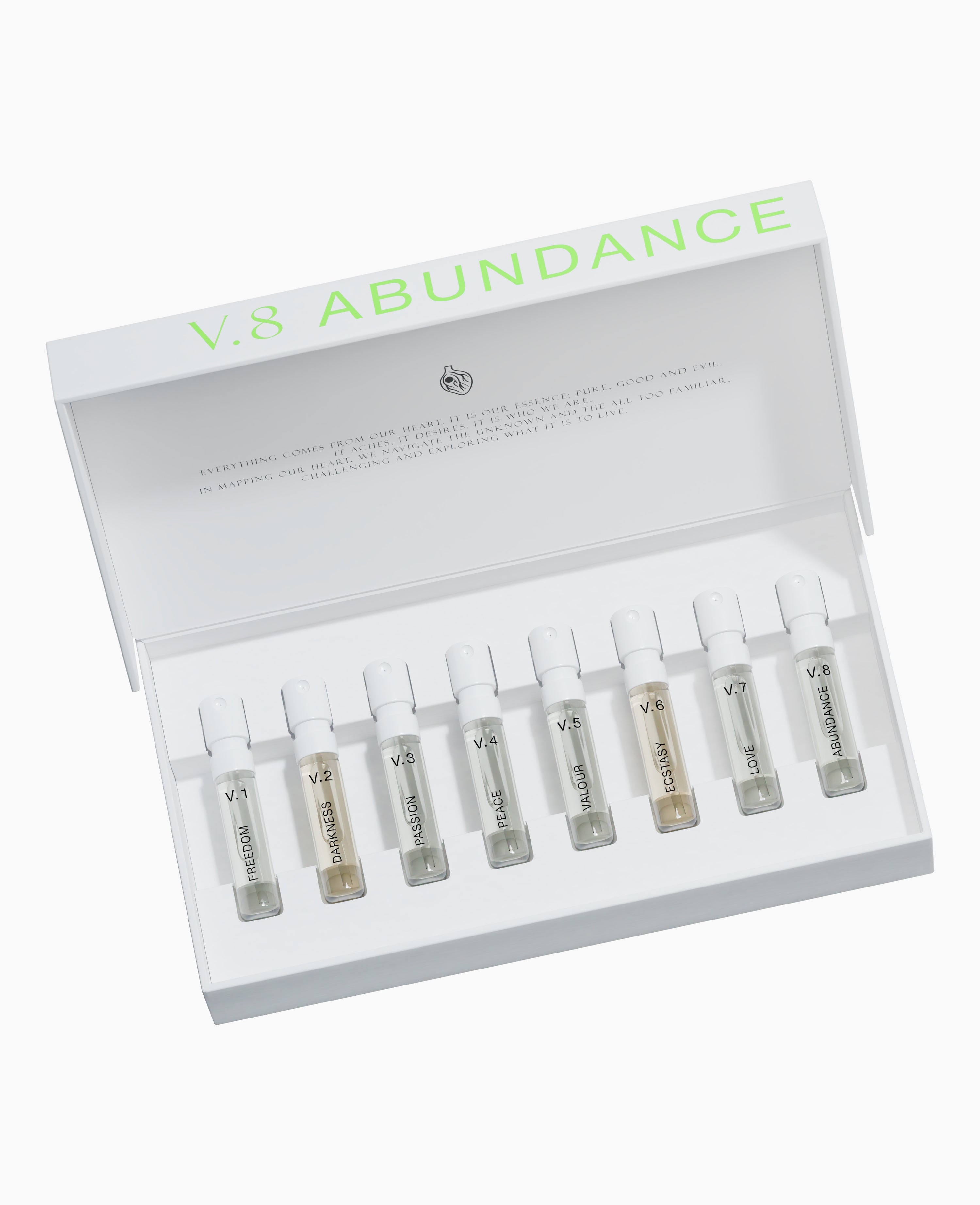 Map of the Heart discovery set with sample vials of all nine eau de parfum fragrances