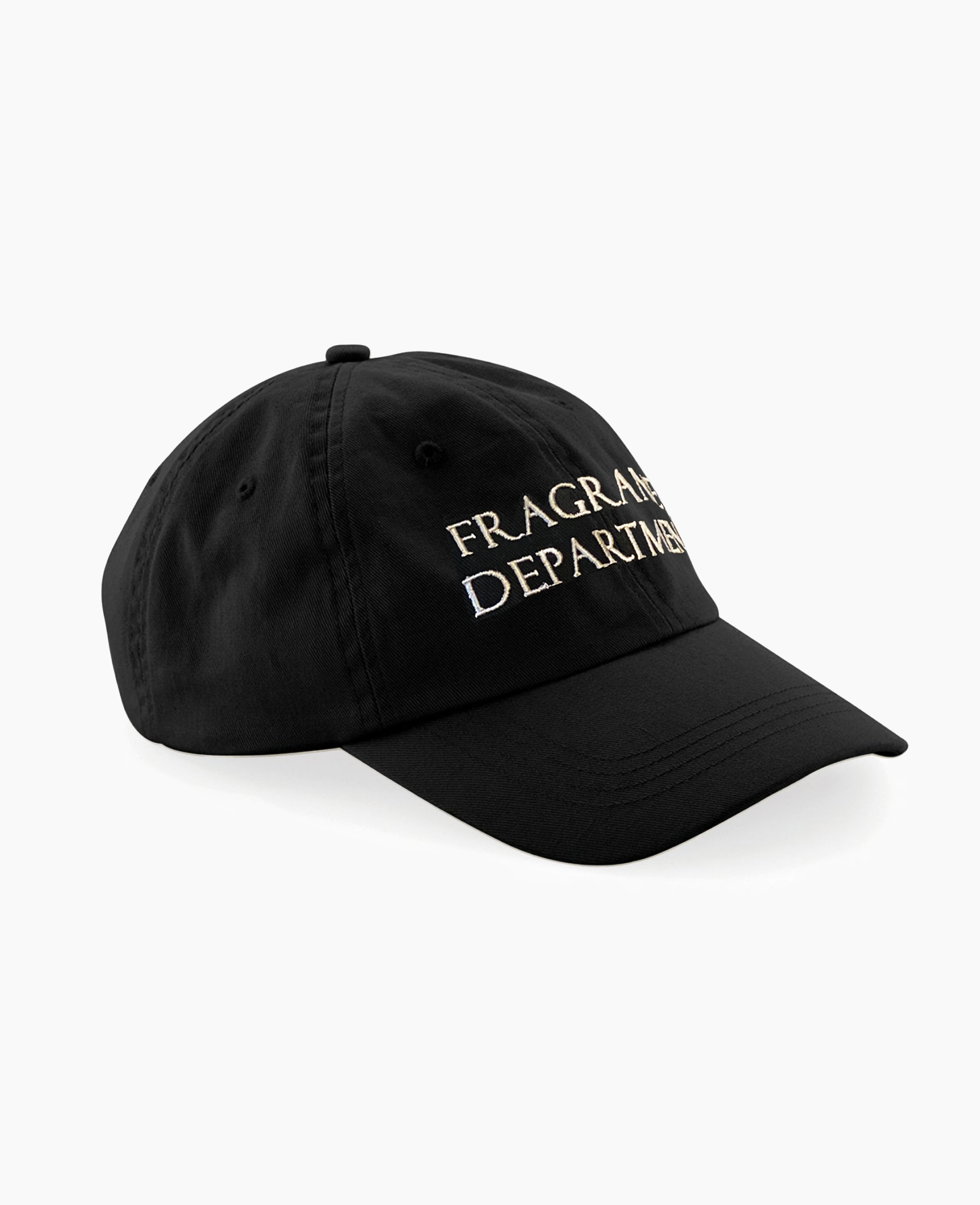 Map of the Heart black 6-panel dad cap with the text 'FRAGRANCE DEPARTMENT' embroidered in white on the front.