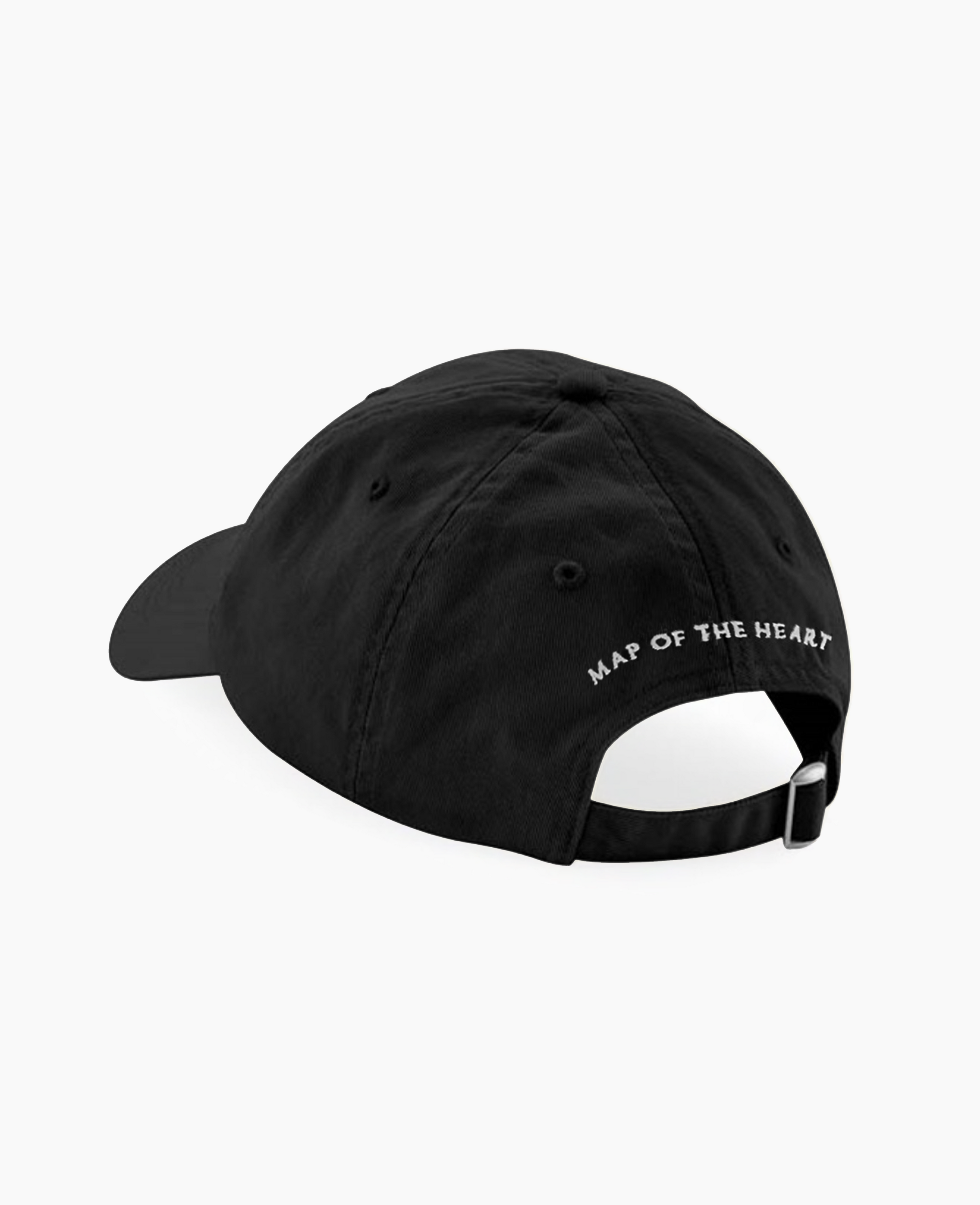 Map of the black white 6-panel dad cap with the text 'MAP OF THE HEART' in white embroidered on the back.