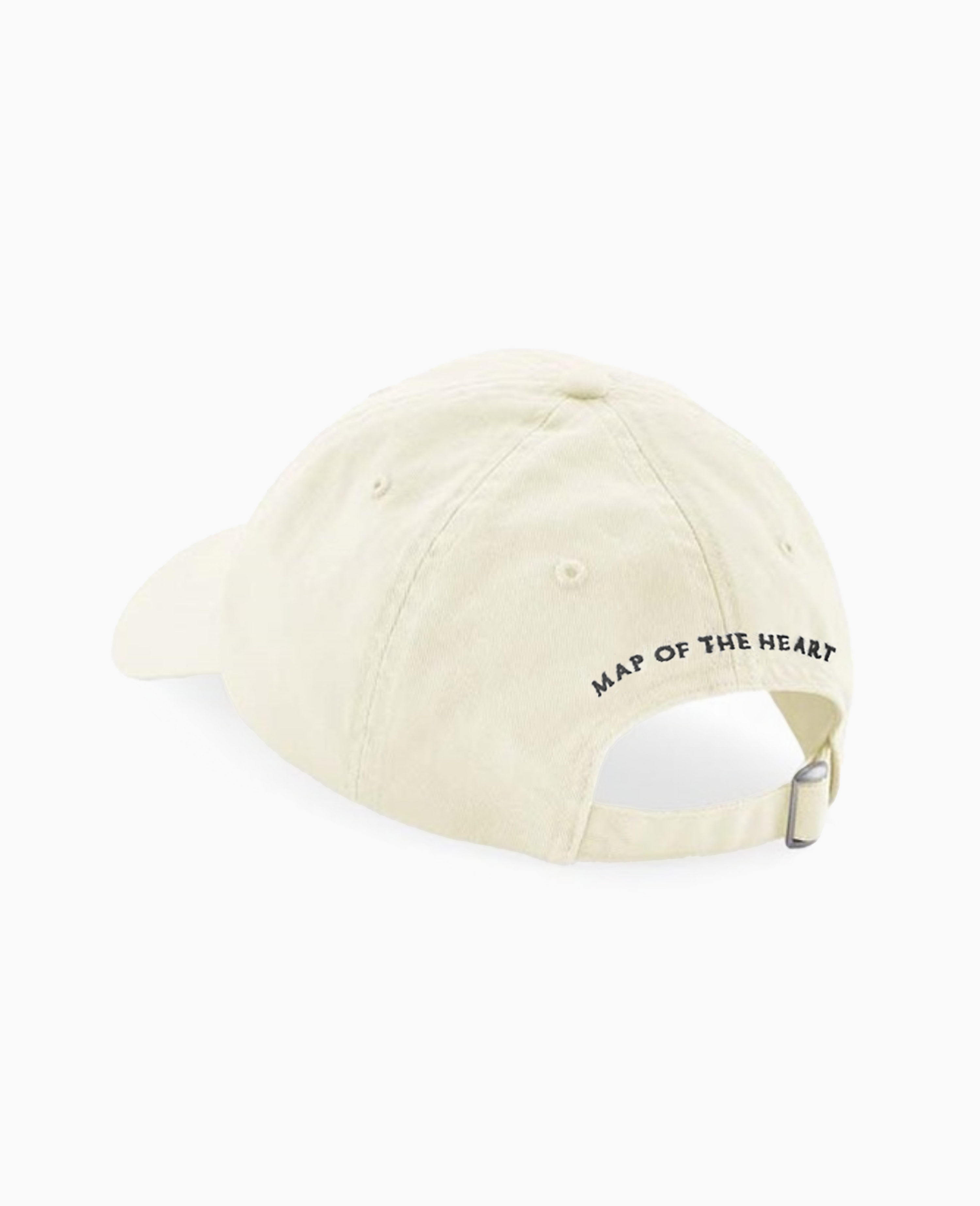 Map of the Heart beige white 6-panel dad cap with the text 'MAP OF THE HEART' embroidered in black on the back.