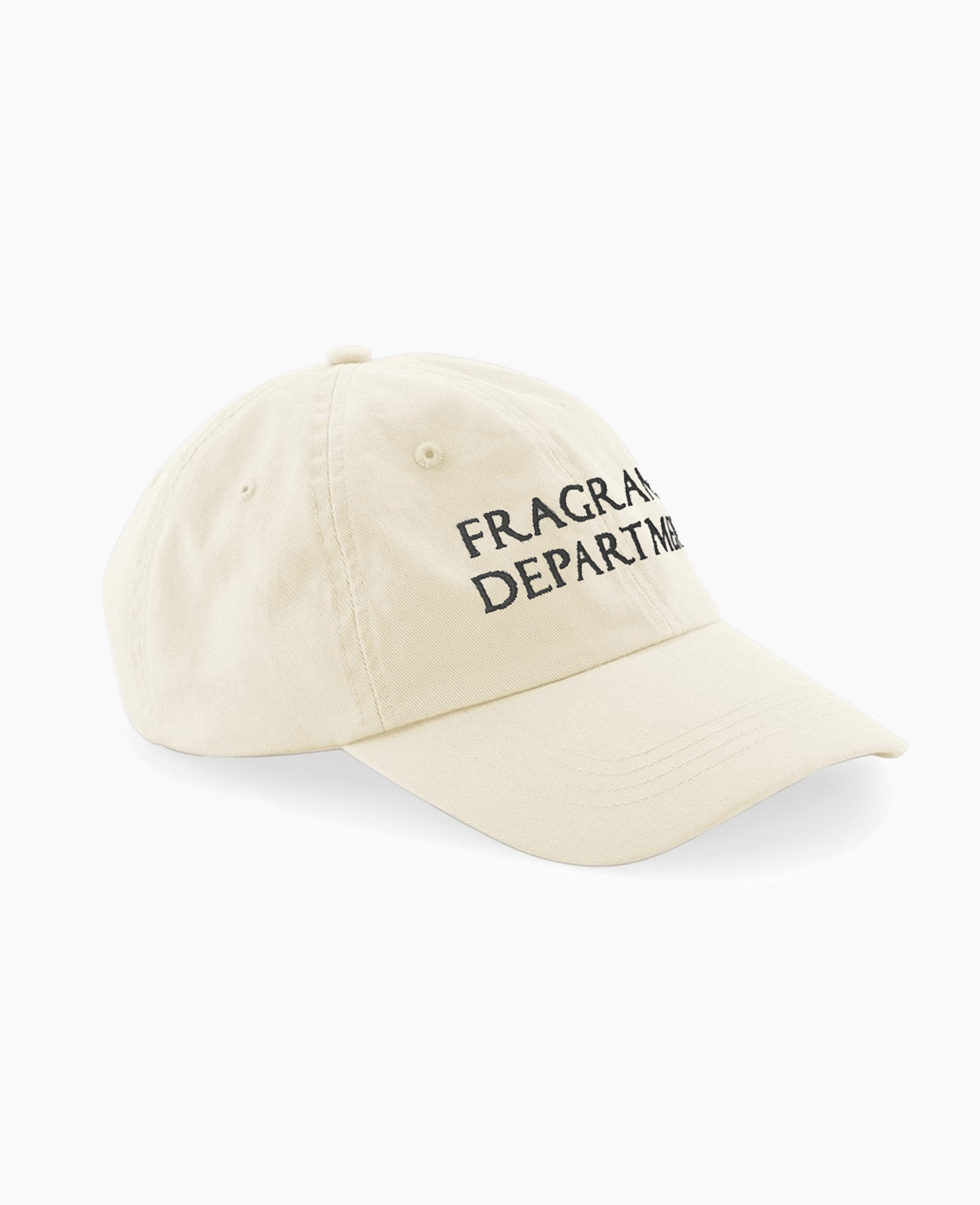 Map of the Heart beige white 6-panel dad cap with the text 'FRAGRANCE DEPARTMENT' embroidered in black on the front.
