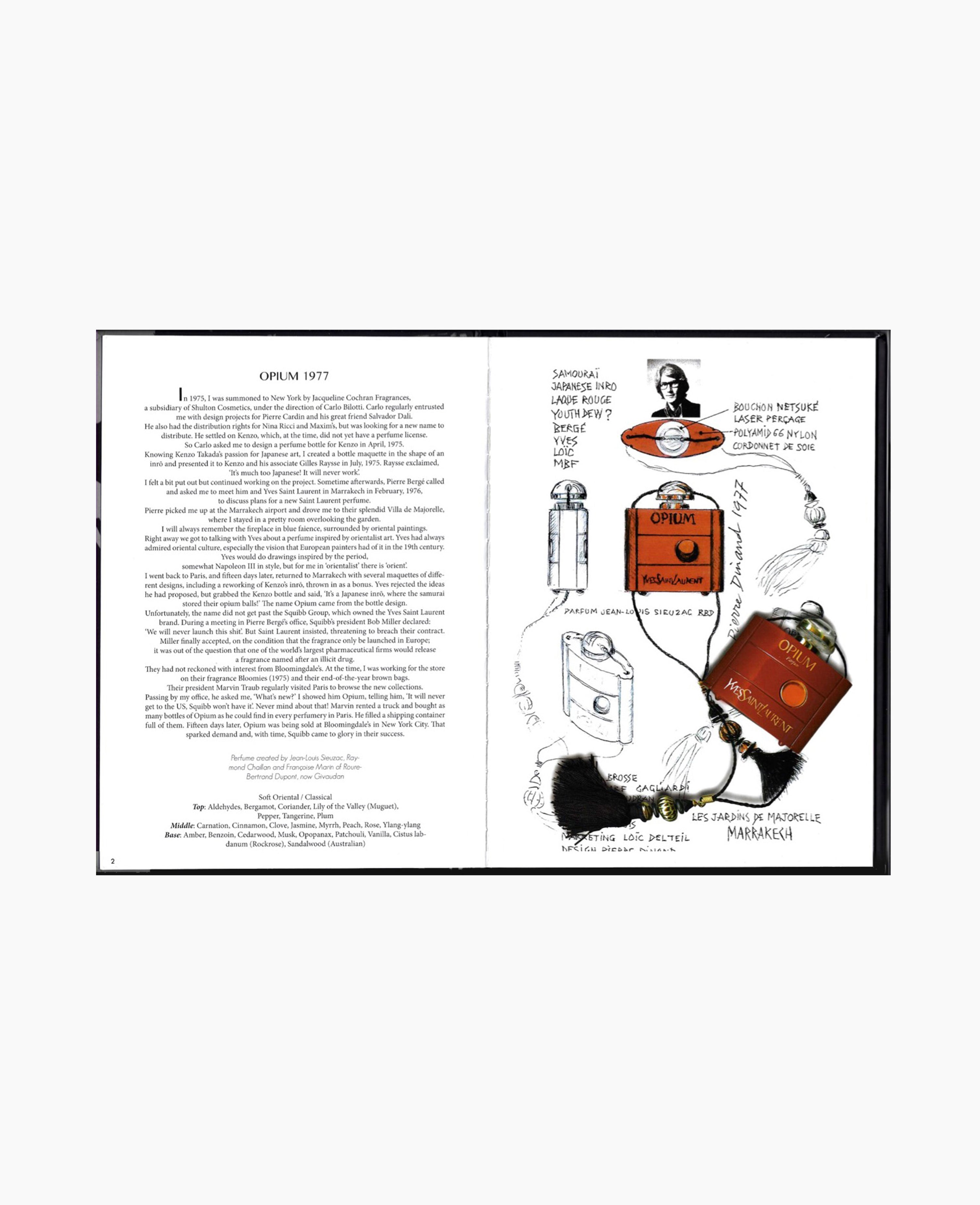 Perfume Legends book by Pierre Dinand and Michael Edwards open to Opium by Yves Saint Laurent page