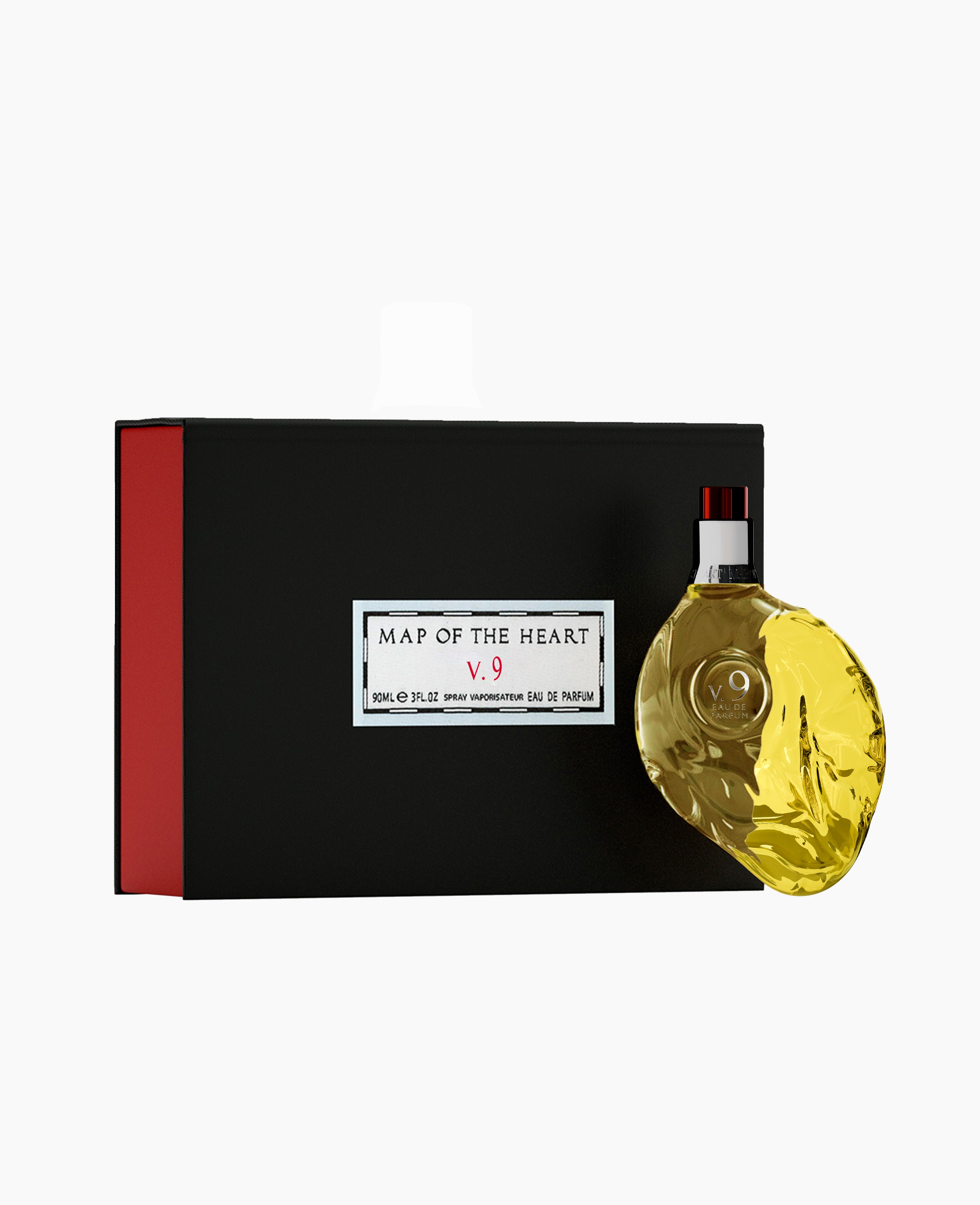 Map of the Heart V.9 Wonder eau de parfum in a yellow transparent heart-shaped glass bottle with box 90ml white background