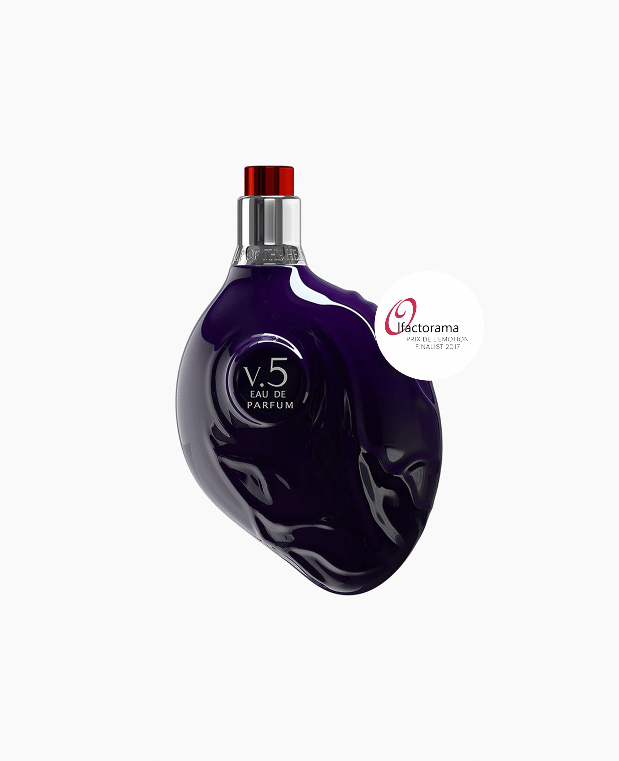 Map of the Heart V.5 Valour eau de parfum in a purple heart-shaped glass bottle with red cap 90ml on white background