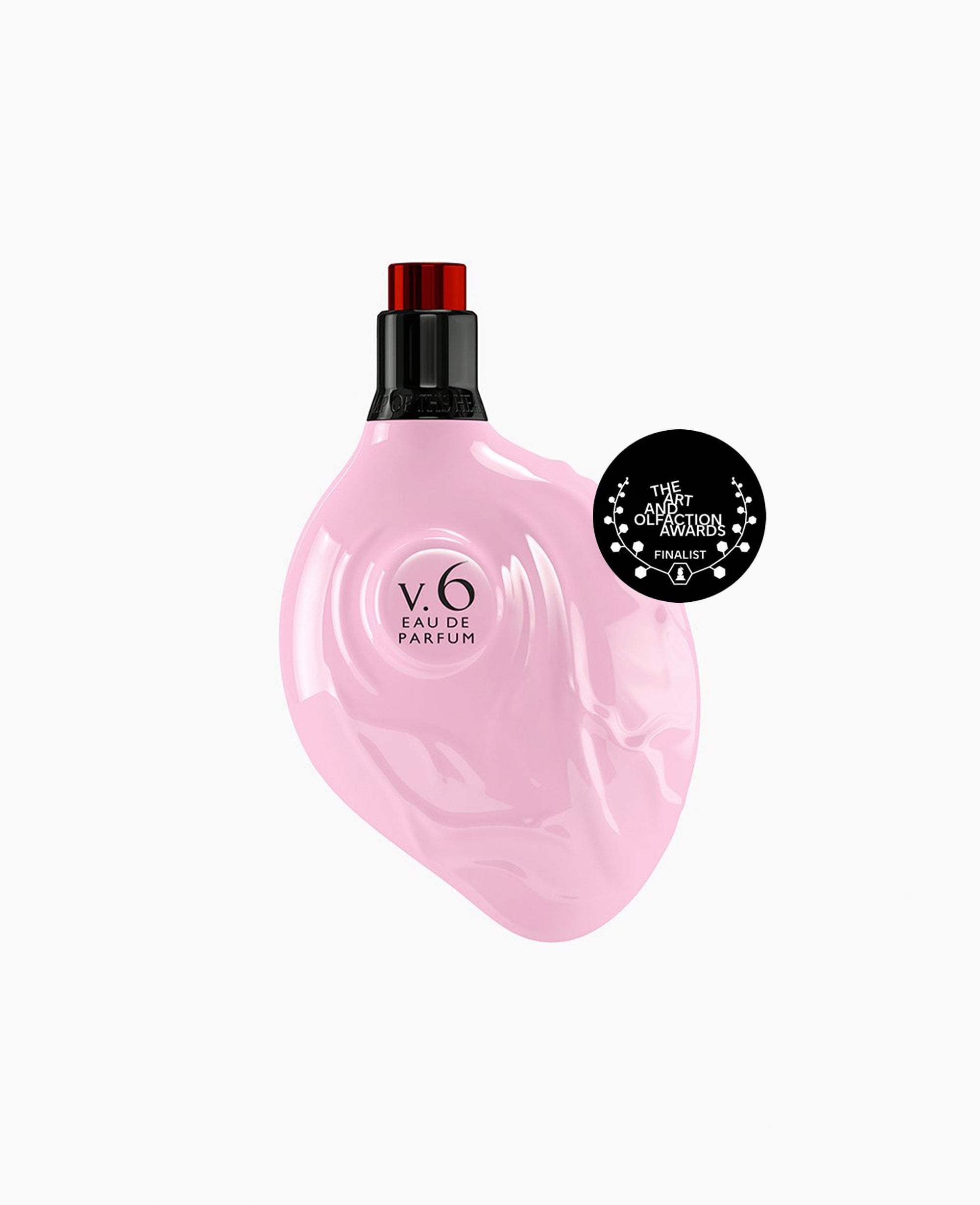 Map of the Heart V.6 Ecstasy eau de parfum in a pink heart-shaped glass bottle with red cap 90ml on white background