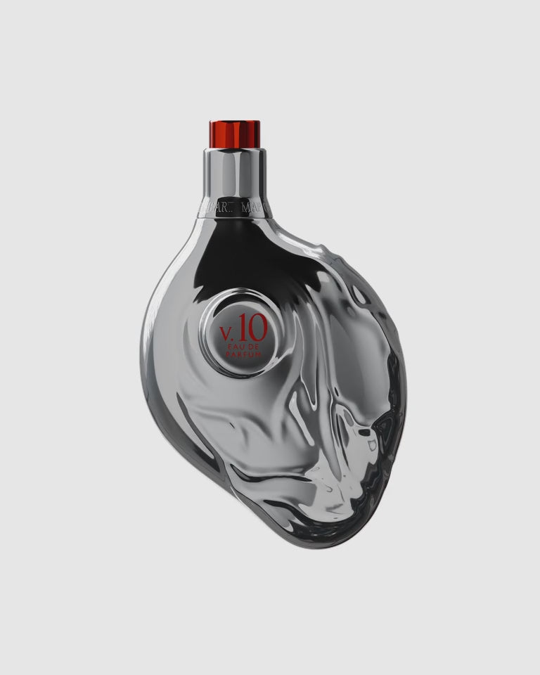 Map of the Heart V.10 Frisson eau de parfum silver heart-shaped bottle 90ml rotating on white background