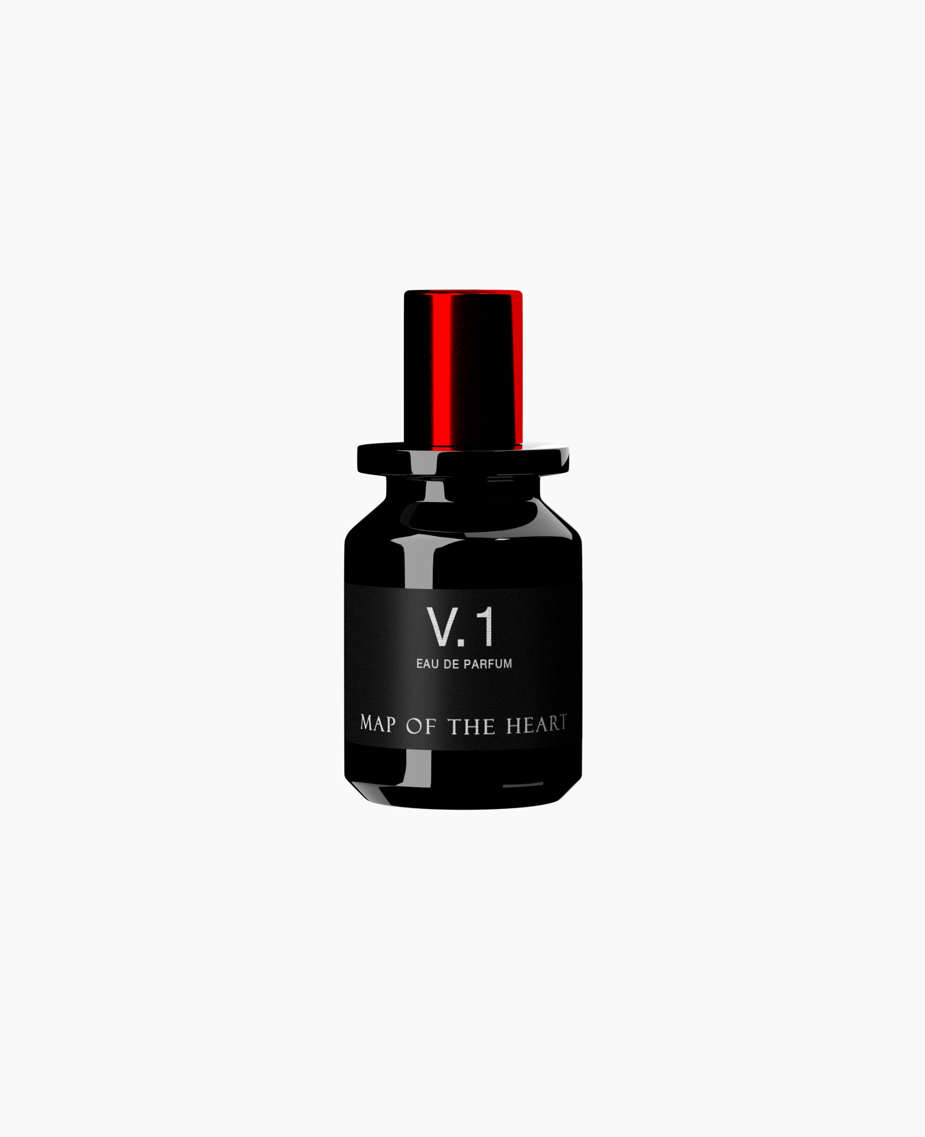 Map of the Heart V.1 Freedom eau de parfum in a black glass bottle with red cap and blue heart 30ml on white background back