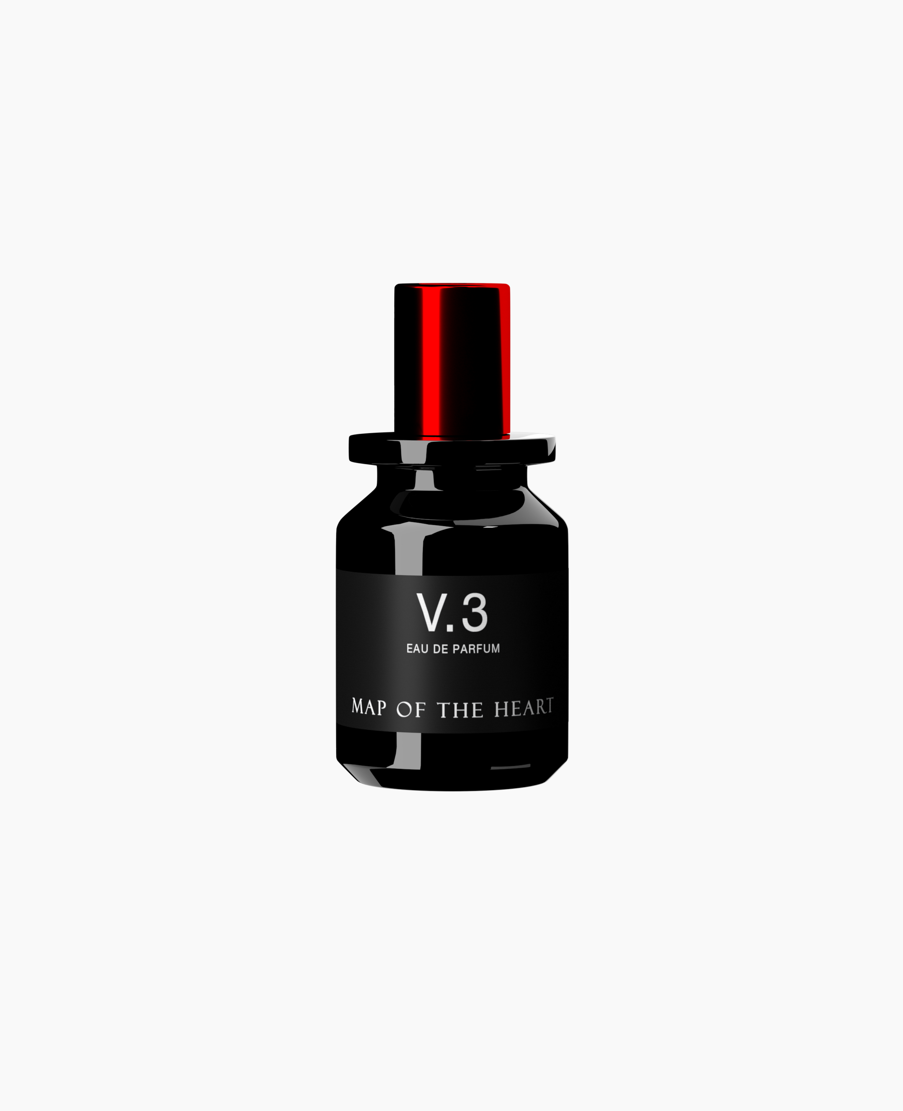 Map of the Heart V.3 Passion eau de parfum in a black glass bottle with red lid and red heart 30ml on white background back