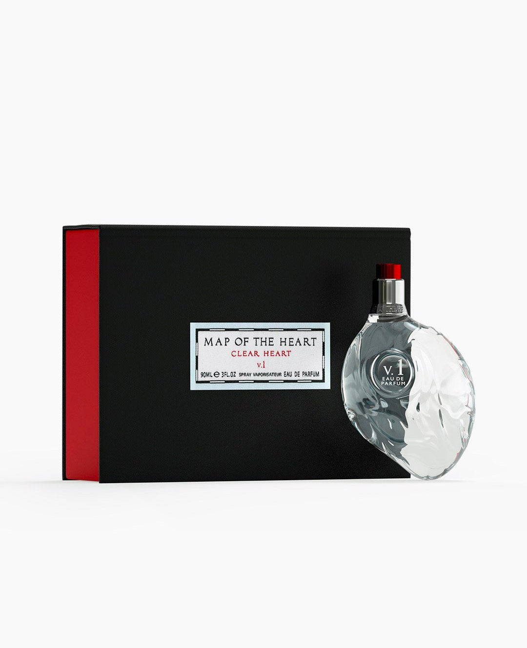 Map of the Heart V.1 Freedom eau de parfum in a clear transparent heart-shaped glass bottle with red cap 90ml with box on white background