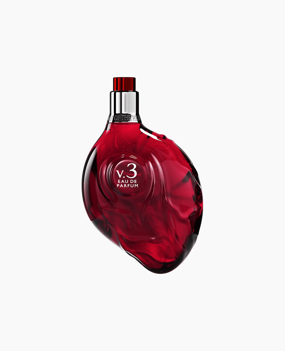 Map of the Heart V.3 Passion eau de parfum in a red transparent heart-shaped glass bottle red cap 90ml on white background