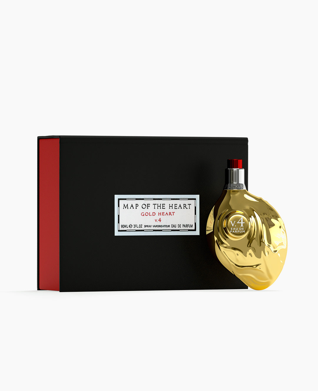 Map of the Heart V.4 Peace eau de parfum in a gold heart-shaped glass bottle with red cap 90ml with box on white background