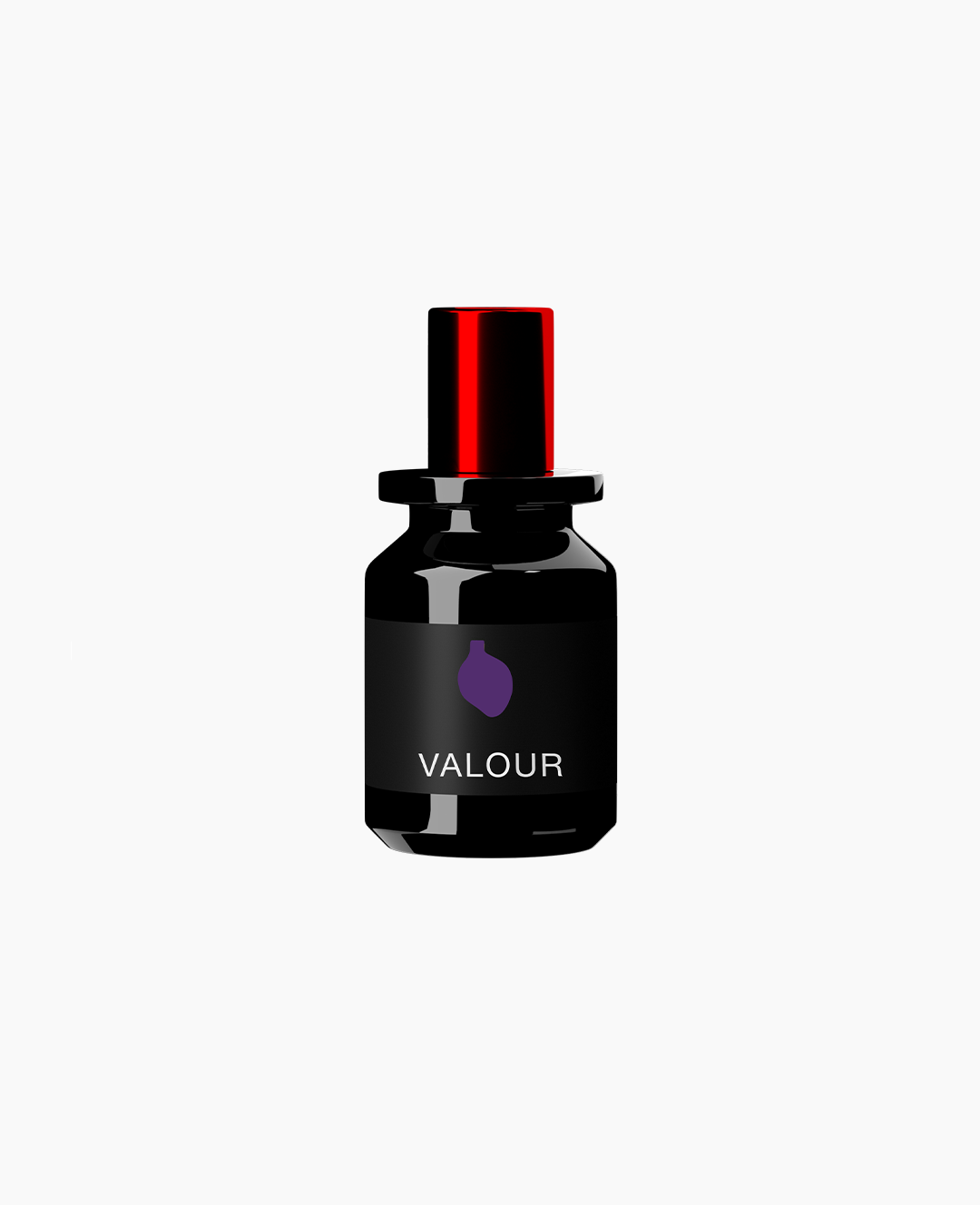Map of the Heart V.5 Valour eau de parfum in a black glass bottle with red lid and purple heart 30ml on white background