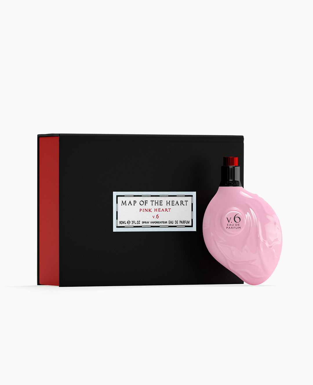 Map of the Heart V.6 Ecstasy eau de parfum in a pink heart-shaped glass bottle with red cap 90ml with box on white background