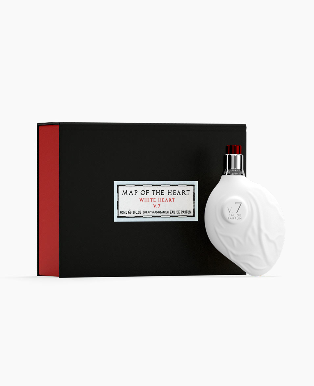 Map of the Heart V.7 Love eau de parfum in a white heart-shaped glass bottle red cap 90ml with box white background 