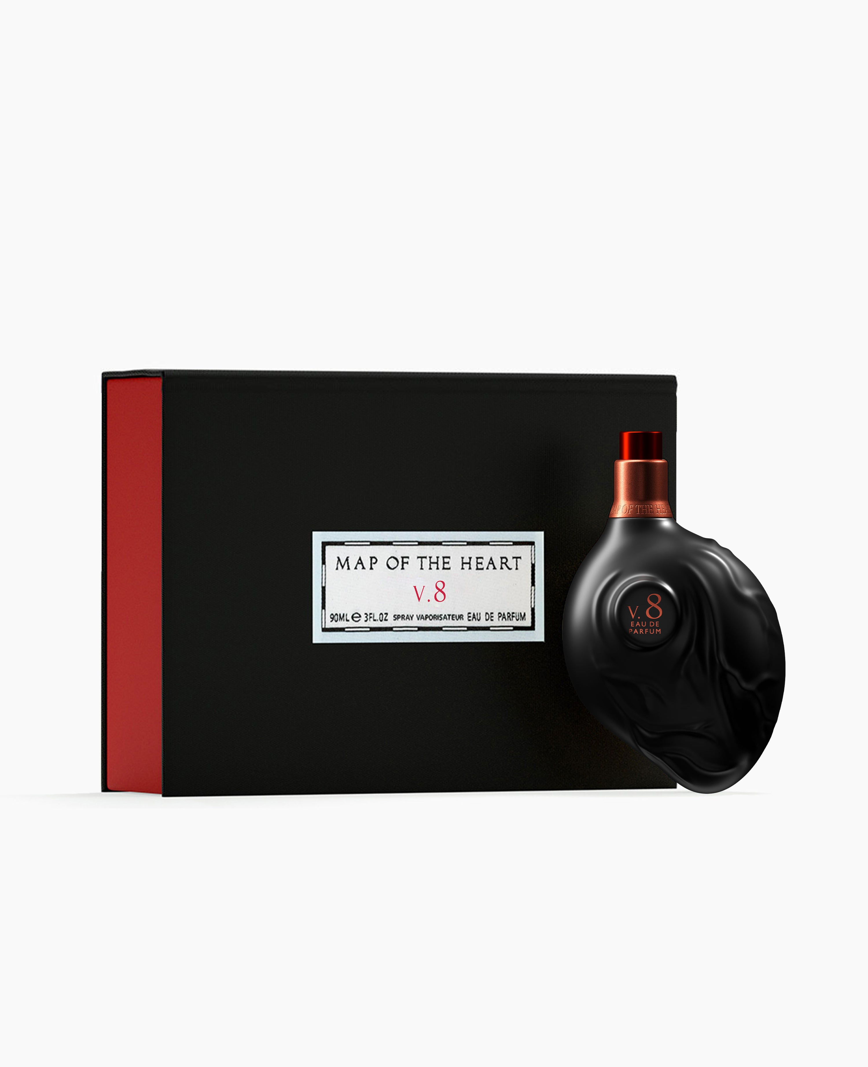Map of the Heart V.8 Abundance eau de parfum in a matte black and copper heart-shaped glass bottle with box