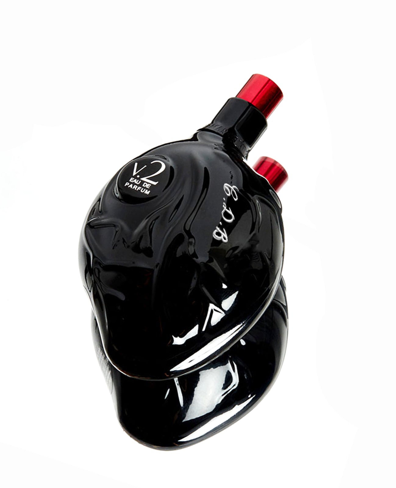 Map of the Heart V.2 Darkness black heart shaped bottle with red cap and engraved initials