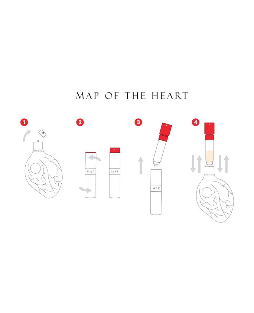 Map of the Heart refillable perfume travel vial instructions illustration black and red