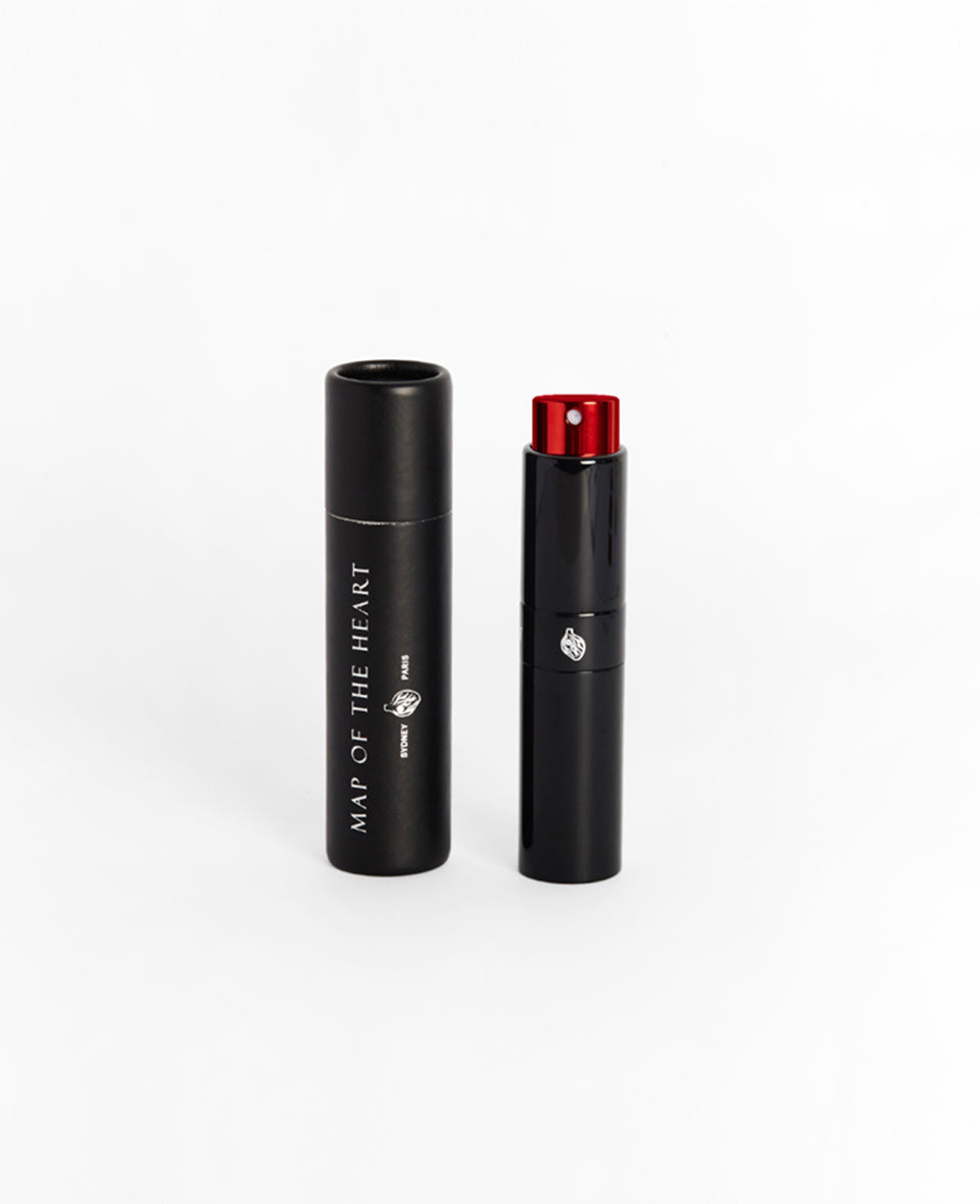 Map of the Heart refillable perfume travel vial black with red top